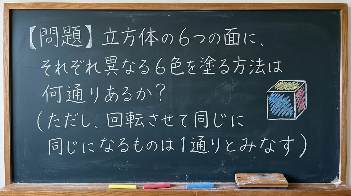 立方体の6つの面に、それぞれ異なる6色を塗る方法は何通りあるか？
